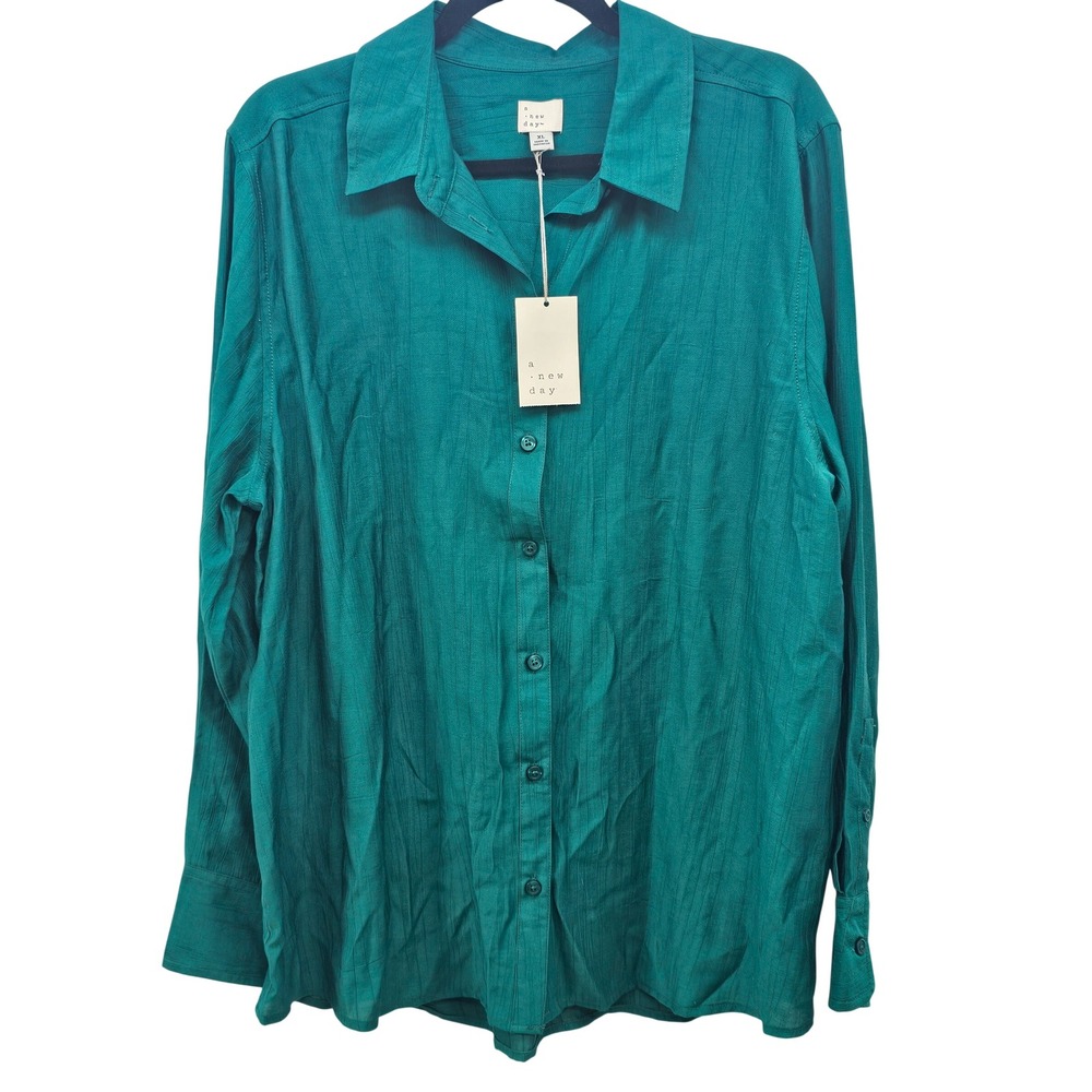 A New Day Dark Green Crinkle Texture Button Down Shirt Womens XL Long Sleeve New